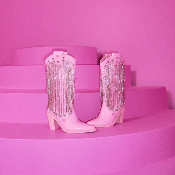 Women's Vegan Leather Rhinestone Footwear Dolls Kill Present Perfect Pink Boots - Picture 6 of 6